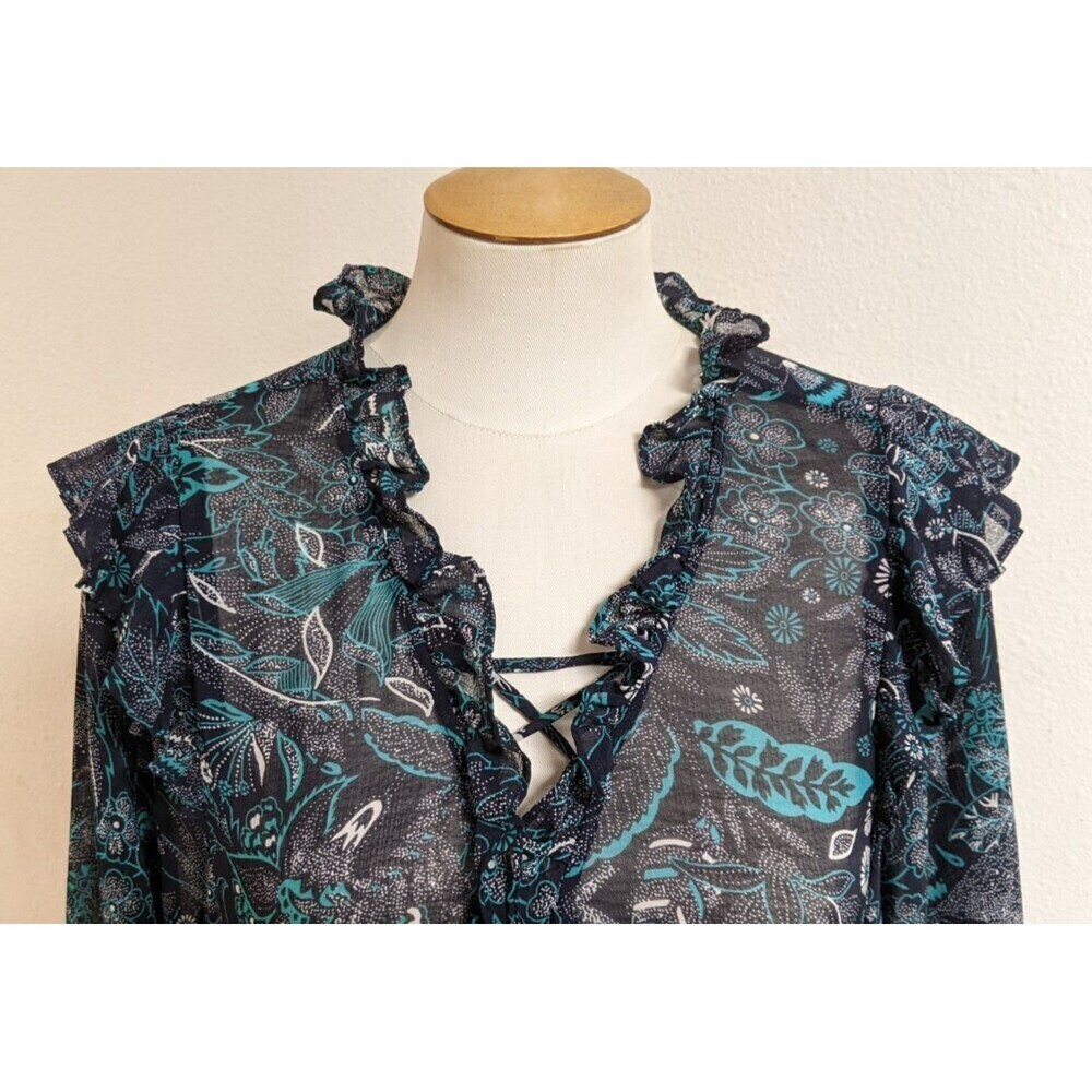 Women's ANTHROPOLOGIE Lace-Up Front Ruffle Trim Floral Print Beautiful Blouse SM - Picture 2 of 12